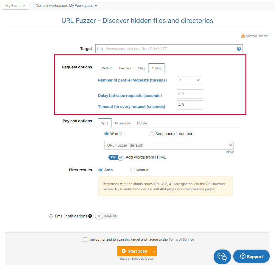 URL Fuzzer - request options